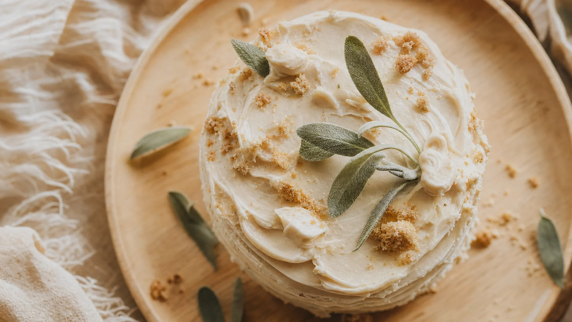 Pastel de bet&uacute;n crema decorado con hojas de salvia